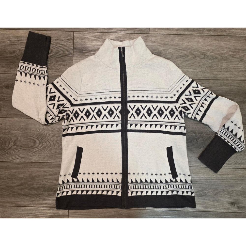 Cynthia Rowley Womens XL Zip Up Sweater Jacket Gray Black Geometric Fair Isle